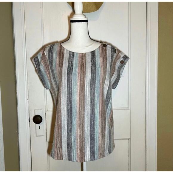 Colorful Short Sleeve Anthropologie W5 Vertical Striped Boxy Blouse Top Medium - Picture 3 of 7